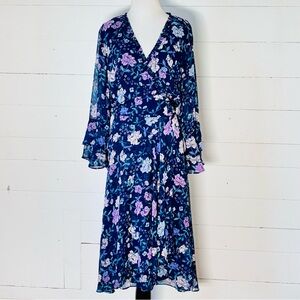 NWT Tahari Women’s Navy & Pink Lilac Flowing Floral Mock Wrap Dress Size 16W